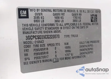 2012 Chevrolet Silverado 1500 Lt из США, поврежденный, VIN 3GCPCSE09CG220070